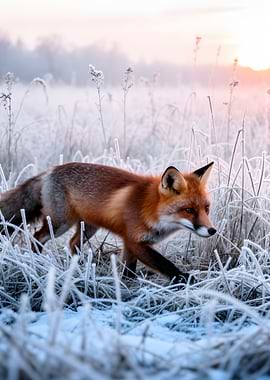 Fox in Frosty Field at Sunrise