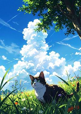 Cat in a Grassy Field Under a Blue Sky