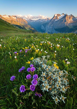 Alpine Meadow with Wildflowers and Mountains
