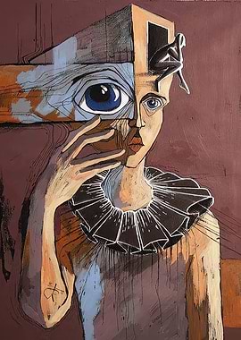 Surreal portrait with large eye and figure in head