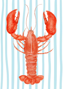 Watercolor Lobster on Striped Background