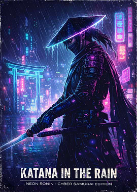 Katana in the Rain – Neon Ronin Poster (Cyber Samurai Edition)