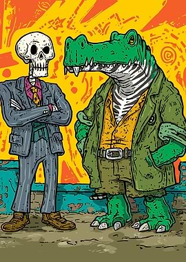Skeleton and Alligator in Suits