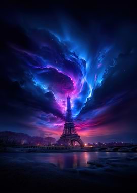 Eiffel Tower under a Cosmic Sky