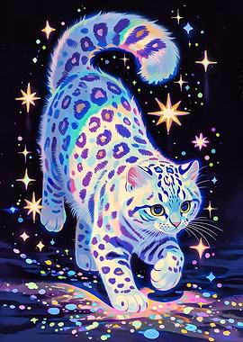 Rainbow Snow Leopard in Starry Night