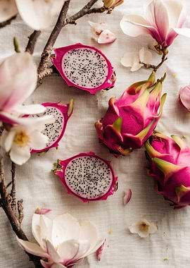 Dragon Fruit and Magnolia Blossoms