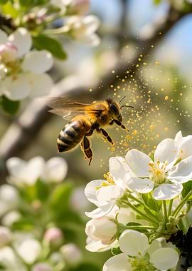 Bee collecting pollen from apple blossom