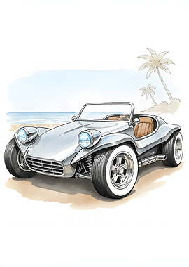 Vintage Beach Buggy Classic Car Watercolor Illustration