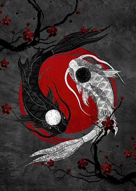 Yin Yang Koi Fish with Cherry Blossoms