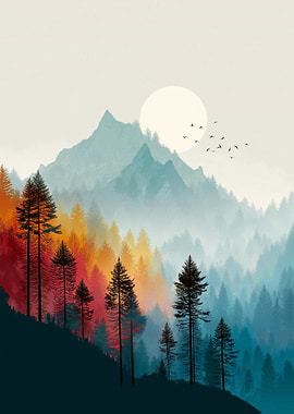 Misty Mountain Forest with Sun and Birds