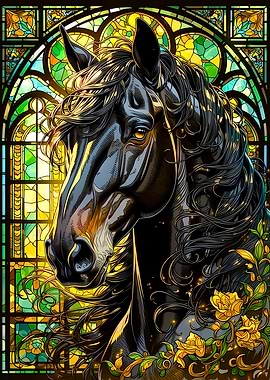 Black Horse Stained Glass Floral Art