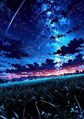 Starry Night Field with Shooting Stars