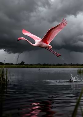 Flamingo flying over stormy water