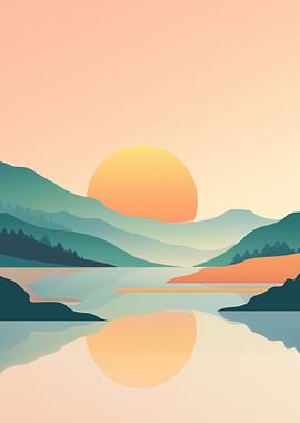 Minimalist Sunset Over Mountains and Lake