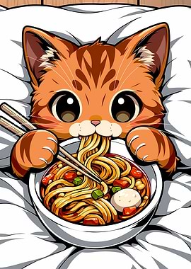 Cute Cat Eating Noodles