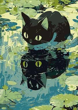 Black Cat Reflected in Water
