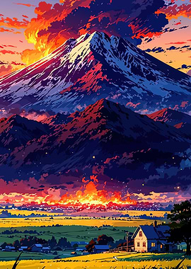 Anime Mountain Sunset Landscape