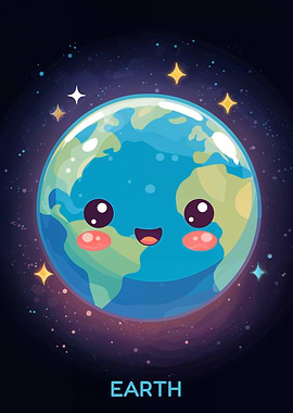 Cute Cartoon Earth in Space