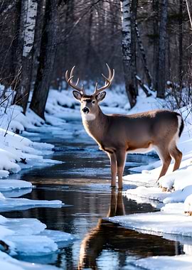 Deer in a Snowy Forest Stream
