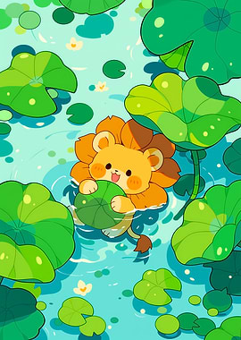 Cute Lion Cub in Lotus Pond