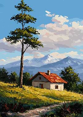 Alpine Cottage with Mountain Backdrop
