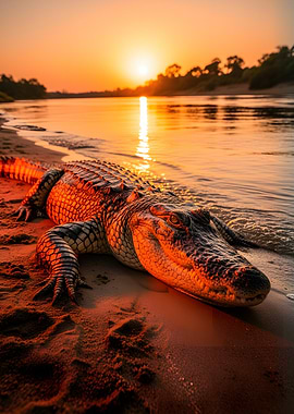 Alligator at Sunset on Sandy Riverbank