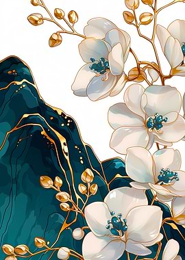 Elegant White Orchids with Teal Mountains