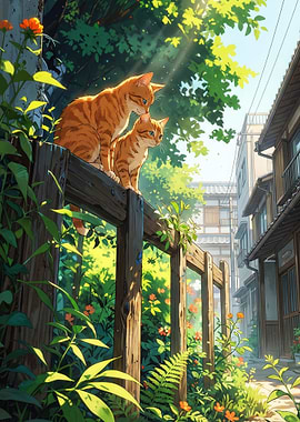 Two Orange Cats on a Wooden Fence