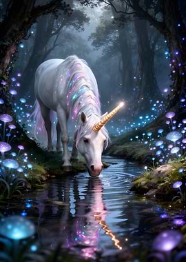 Magical Unicorn Drinking from a Stream