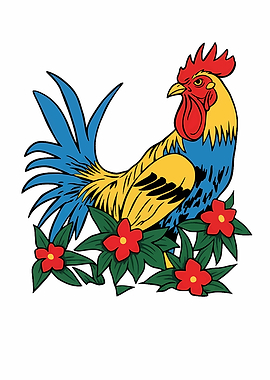 Rooster with Flowers Illustration