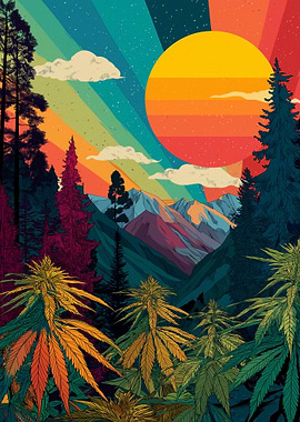 Psychedelic Mountain Landscape with Cannabis