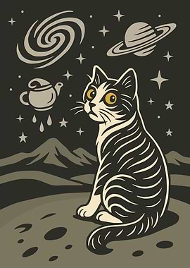 Cat in Space with Teapot and Planets