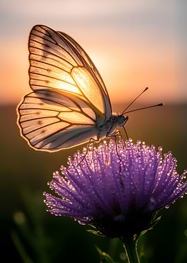 Butterfly on a Dew-Covered Flower