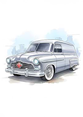 Vintage Ambulance Van Watercolor Illustration