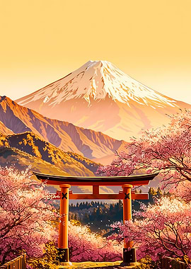 Mount Fuji with Cherry Blossoms and Torii Gate