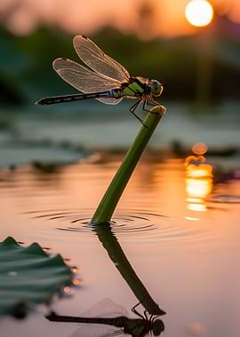 Dragonfly on a stem at sunset