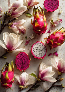 Dragon Fruit and Magnolia Flowers