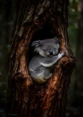 Koala sleeping in a tree hollow