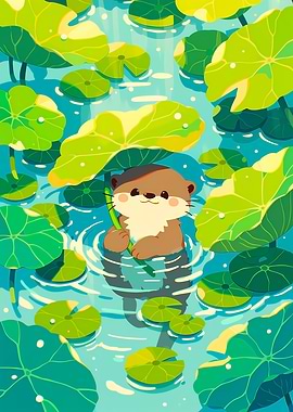 Cute Otter Under Lotus Leaf