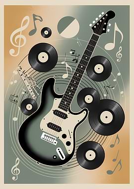 Electric Guitar with Vinyl Records and Music Notes