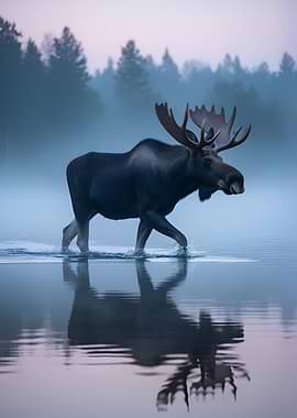 Moose walking in misty water