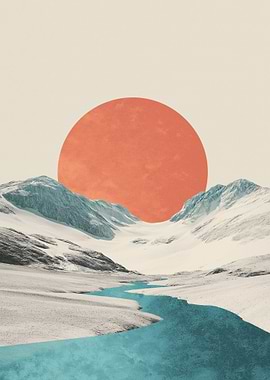 Surreal Mountain Landscape with Red Sun