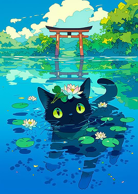 Black Cat in a Lotus Pond