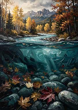 Impasto Turquoise River: Golden Autumn & Underwater Split