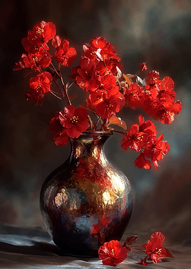 Red Flowers in a Metallic Vase