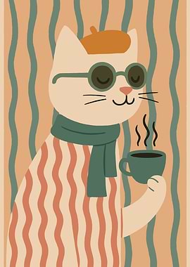 Cat with Coffee and Scarf