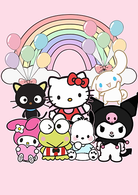 Sanrio Characters with Rainbow and Balloons