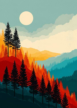 Stylized Mountain Landscape with Sun