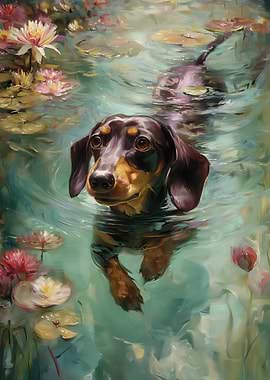 Dachshund Swimming Among Water Lilies