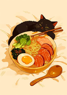 Black Cat Sleeping on Ramen Bowl